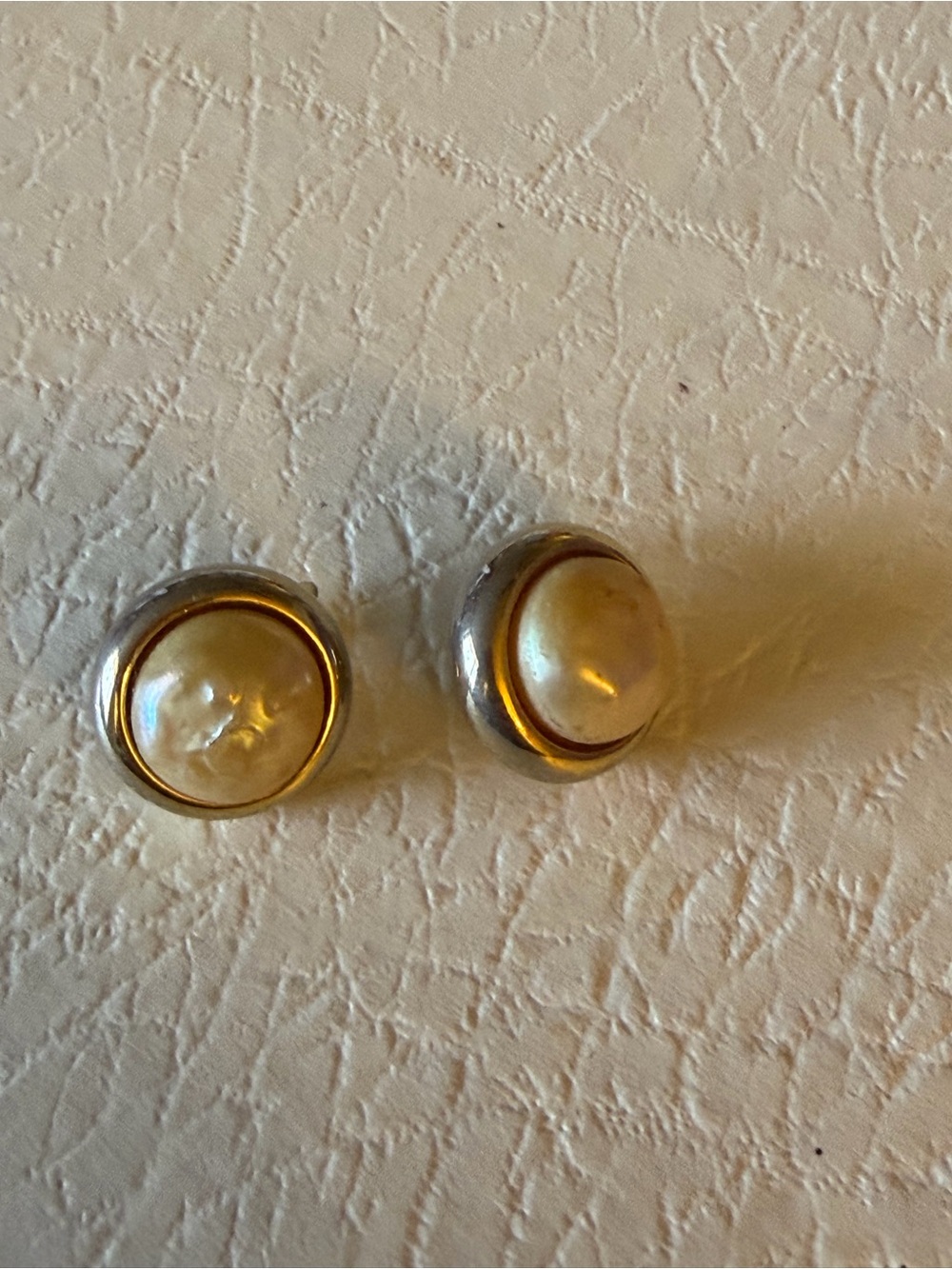 Vintage 1980s Two Tone Faux Pearl Button Clip On Earrings.